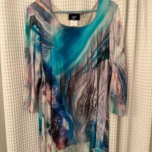 Libra Aqua, Turquoise, White and Blue Top, 3/4 Sleeves, Large